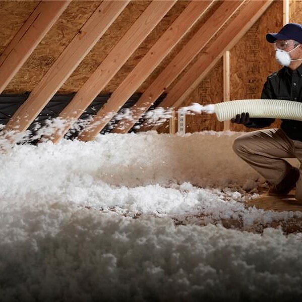 Worker installing loose-fill insulation in attic.